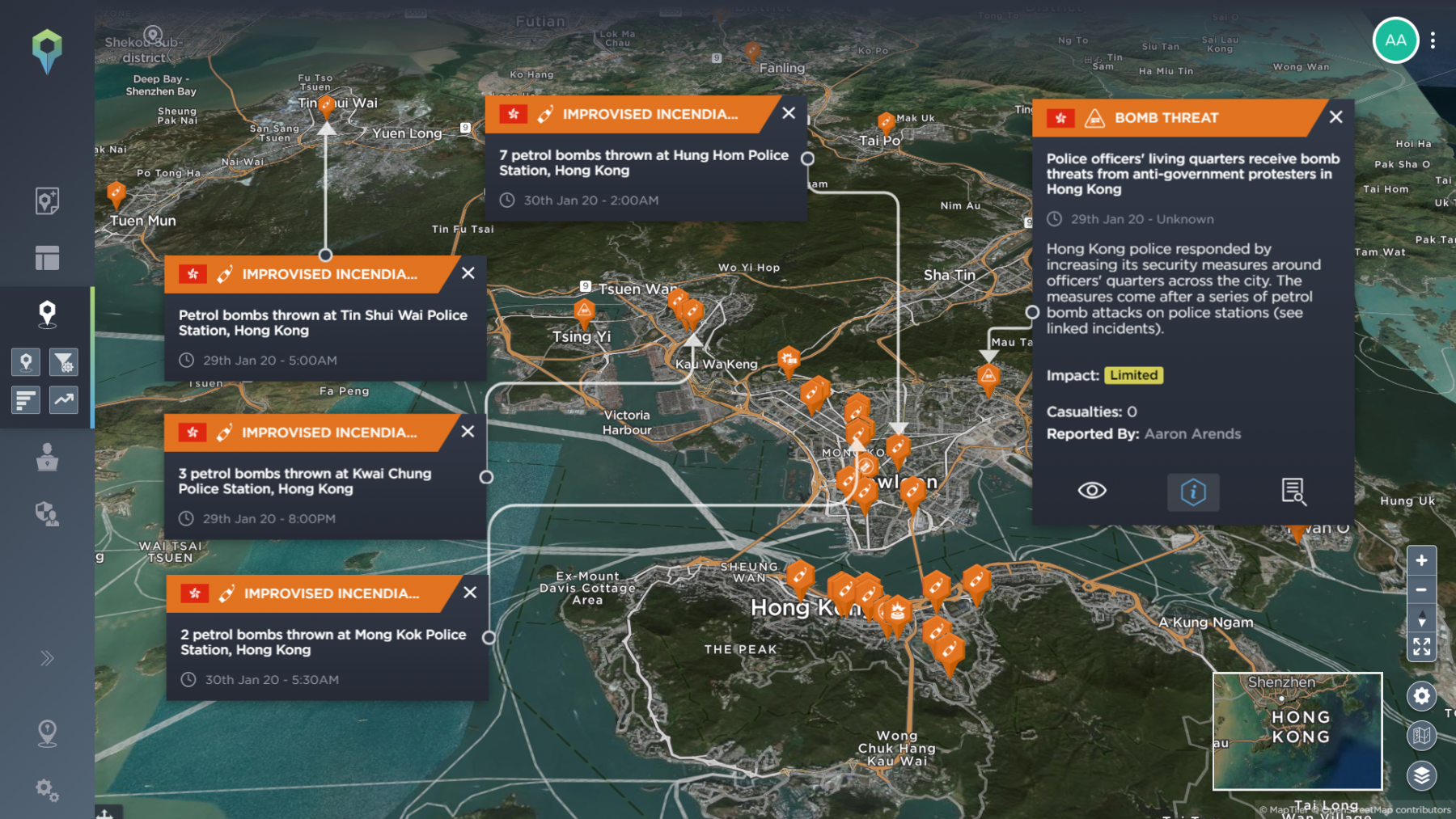 Petrol bomb attacks on police amidst all explosive-related incidents in Hong Kong since June 2019 